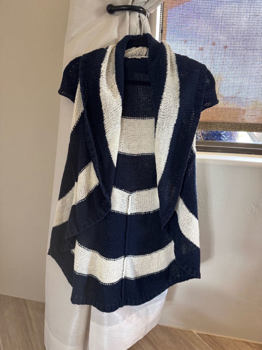 CAbi Navy & White Striped Open-Front Shawl Cardigan
